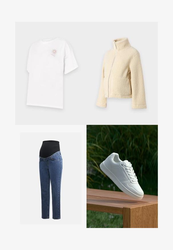 Crème fleece jacket met een hoge kraag, een rits aan de voorkant en twee grote zakken. Heeft een zachte, gestructureerde oppervlakte en brede mouwen.; Witte katoenen t-shirt met een relaxed fit, met een kleine zonafbeelding in beige en roze op de linkerkant van de borst. Korte mouwen.; Zwangerschapsjeans met blauwe denim benen en een zwart rekbaar buikpaneel, ontworpen om een groeiende buik te ondersteunen en te bedekken.; Witte sneaker met een gladde synthetische bovenkant, geperforeerde neus, platte veters en een gestructureerde zool, tentoongesteld op een houten oppervlak.