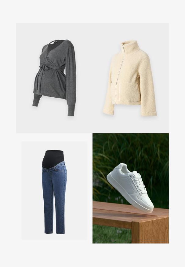 Kreemimust kampsun kõrge krae, ees tõmblukuga ja kahe kott-taskuga. Omab pehmet, tekstuuri pinnat ja laiu varrukaid.; Hallus hall, pikkade varrukatega mähkimisülikond, mis on valmistatud pehmest materjalist, V-kaelusega ja vöökoha sidumisega. Varrukatel on kerge puhvdetail.; Rasedusjeansid sinise denimi jalgadega ja musta veniva kõhuplaadiga, mis on mõeldud toetama ja katma kasvavat kõhtu.; Valged sneakerd, millel on sile sünteetiline ülemine osa, väikeste aukudega varvaskast, lamedad paelad ja tekstuuriga tald, eksponeeritud puidust pinnal.