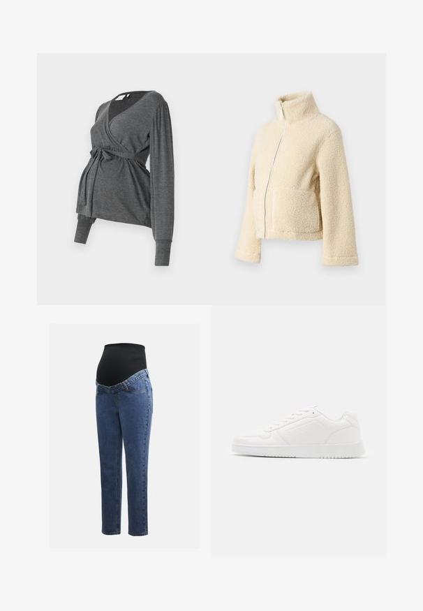 Kreemimust kampsun kõrge krae, ees tõmblukuga ja kahe kott-taskuga. Omab pehmet, tekstuuri pinnat ja laiu varrukaid.; Hallus hall, pikkade varrukatega mähkimisülikond, mis on valmistatud pehmest materjalist, V-kaelusega ja vöökoha sidumisega. Varrukatel on kerge puhvdetail.; Rasedusjeansid sinise denimi jalgadega ja musta veniva kõhuplaadiga, mis on mõeldud toetama ja katma kasvavat kõhtu.; Valged tossud, mis on valmistatud siledast sünteetilisest materjalist, ümarate varvastega, paeltesse sisestatav disain, tasasel tald ja peene perforatsiooniga detailid.