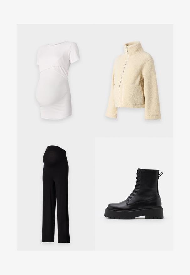 Crème fleece jacket met een hoge kraag, een rits aan de voorkant en twee grote zakken. Heeft een zachte, gestructureerde oppervlakte en brede mouwen.; Lichtroze zwangerschaps T-shirt, korte mouwen, ribbelstructuur, aansluitend ontwerp met een gebogen naad onder de busten, gladde contour voor comfort.; Zwarte zwangerschapsbroek met een rekbare, nauwsluitende tailleband en een wijde pijpdesign. Gemaakt van zachte stof, biedt comfort en ondersteuning.; Zwarte leren enkelboots met een ronde neus, vetersluiting aan de voorkant en een dikke rubberen zool met een gestructureerd profiel. Trekbandje aan de achterkant.