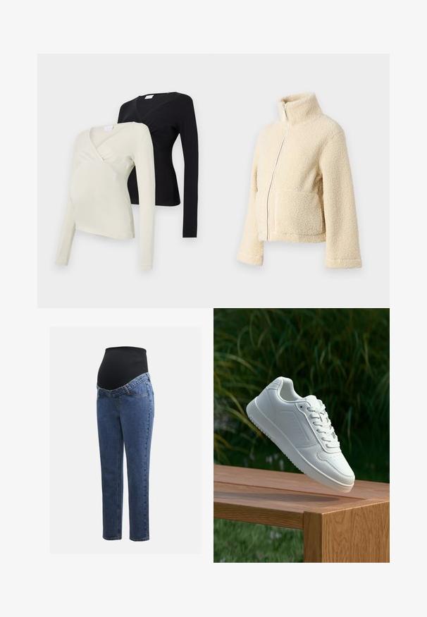 Kremfarget fleecejakke med høy krage, glidelås foran og to klaffelommer. Har en myk, teksturert overflate og vide ermer.; To lange ermavsnitt graviditetstopper: en i lys kremfarge, den andre i svart. Begge har en omslagdesign og myk tekstur.; Graviditetsjeans med ben i blå denim og et svart elastisk magepanel designet for å støtte og dekke en voksende buk.; Hvite sneakers med en glatt syntetisk overdel, perforert tåboks, flate snørebånd og en teksturert såle, vist på en treflate.