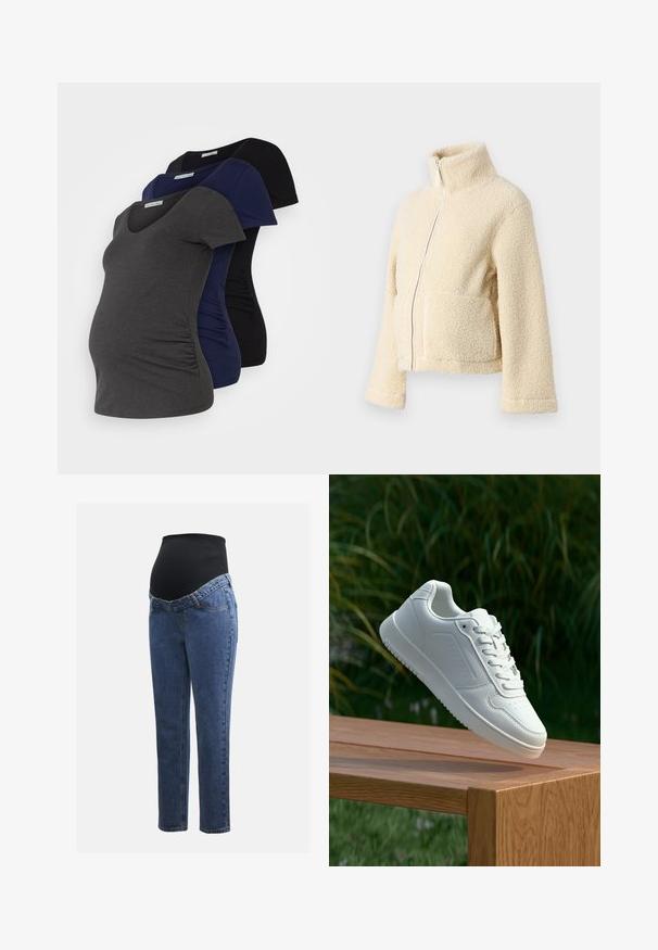 Krema flis jakna z visokim ovratnikom, sprednjim zadrgo in dvema večjima žepoma. Ima mehak, teksturiran površin in široke rokave.; Trih nosečih majic v temno sivi, mornarsko modri in črni barvi, z v-izrezom, kratkimi rokavi in nabrano stransko šivano za raztegljivost.; Maternitetaške hlače z modrimi denim hlačnicami in črnim raztegljivim trebušnim panelom, zasnovane za podporo in pokrivanje rastočega trebuha.; Bela teniska s gladkim sintetičnim zgornjim delom, perforiranim prednjim delom, ravnimi vezalkami in teksturiranim podplatom, prikazana na leseni površini.
