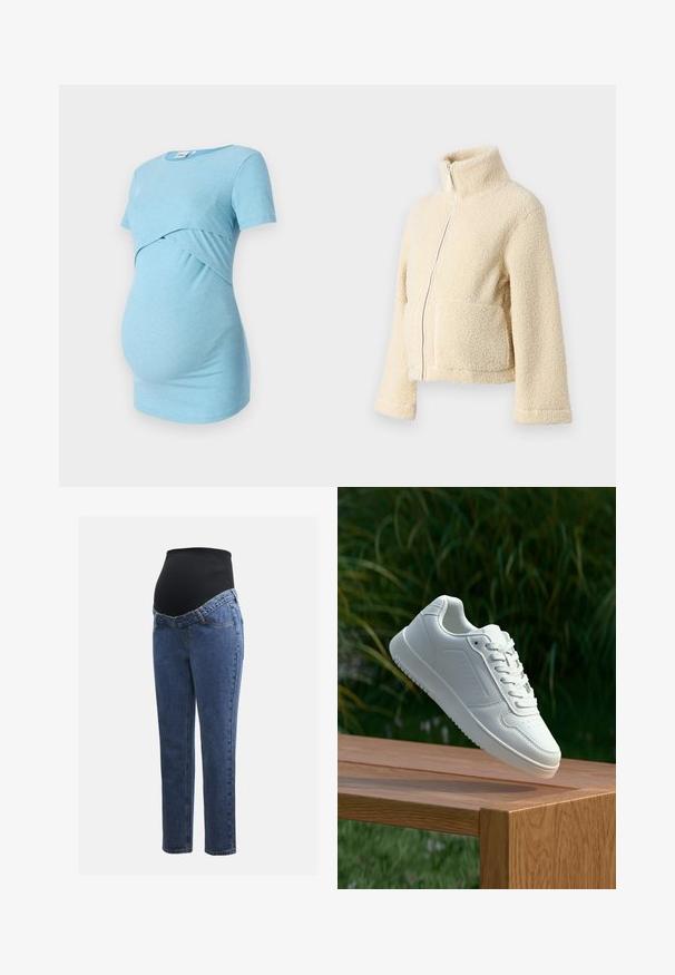 Kremo spalvos pūkinė striukė su aukštu apykakle, priekyje užtrauktuku ir dviem kišenėmis. Yra minkštas, tekstūruotas paviršius ir plačios rankovės.; Šviesiai mėlynas banguotas nėščiųjų marškinėlis trumpomis rankovėmis su kryžminiu dizainu juosmens srityje, sukurtas patogumui ir elastingumui.; Nėštumo džinsai su mėlynos džinsinės medžiagos kojomis ir juodu elastingu pilvo skydeliu, skirtu palaikyti ir uždengti augantį pilvuką.; Balti sneakeriai su lygia sintetine viršutine dalimi, perforuota pirštų zona, plokščiomis raištelėmis ir tekstūruotu padu, padėti ant medinės paviršiaus.