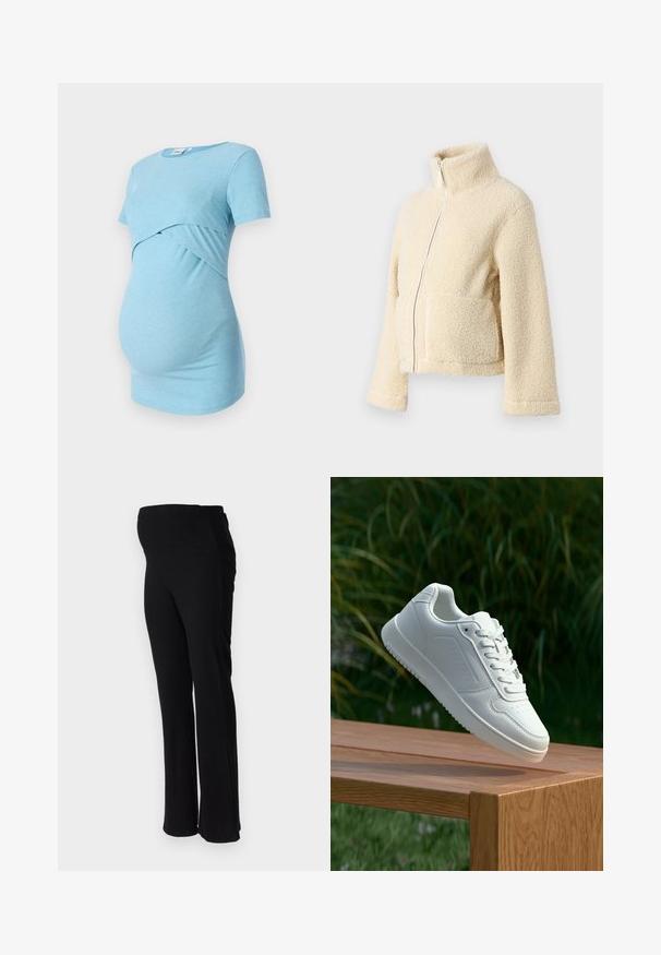 Giacca in pile color crema con colletto alto, zip frontale e due tasche applicate. Presenta una superficie morbida e testurizzata e maniche larghe.; Maglietta maternità ribbed di colore azzurro chiaro con maniche corte e design incrociato in vita, progettata per comfort e elasticità.; ONLY MATERNITY OLMHALLE - Pantaloni - black; Sneaker bianco con tomaia in sintetico liscio, punta perforata, lacci piatti e suola testurizzata, esposto su una superficie di legno.