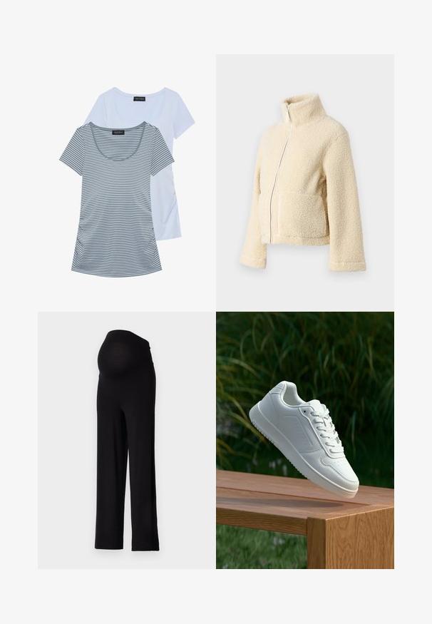 Jaqueta de fleece creme com gola alta, fecho frontal e dois bolsos de patch. Apresenta uma superfície suave e texturada e mangas largas.; Duas t-shirts: uma de um azul claro sólido e a outra cinza com riscas horizontais. Ambas apresentam um decote redondo e mangas curtas.; Calças de maternidade pretas com uma cintura elástica e ajustada e um design de perna larga. Feitas de um tecido macio, oferecendo conforto e suporte.; Sapatilha branca com um cabedal sintético liso, caixa dos dedos perfurada, atacadores planos e uma sola texturizada, exposta sobre uma superfície de madeira.