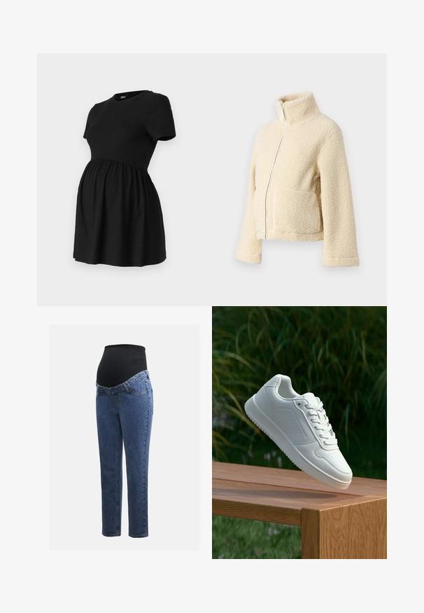 Kremasti flis jakna s visokim ovratnikom, prednjim patentnim zatvaračem i dva džepa s preklopom. Ima mekan, teksturiran površinu i široke rukave.; ONLY MATERNITY OLMMALAYA - Osnovna majica kratkih rukava - black; Trudnice traperice s plavim traper nogavicama i crnim rastezljivim trbuh panelom dizajnirane za podršku i prekrivanje rastoće trbuščića.; Bijela tenisica sa glatkim sintetičkim gornjim dijelom, perforiranim prednjim dijelom, ravnim vezicama i teksturiranom potplatom, prikazana na drvenoj površini.