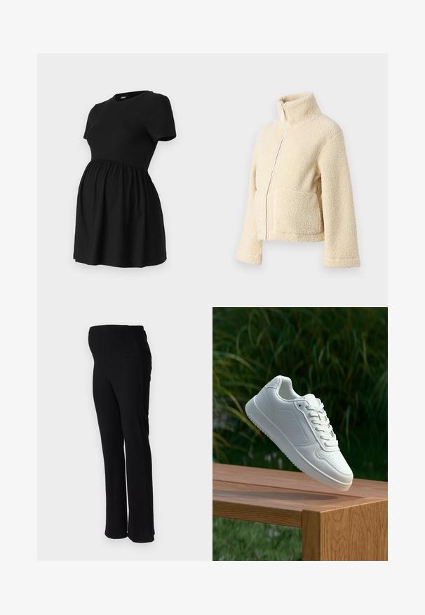 Krémová fleecová bunda s vysokým límcem, předním zipem a dvěma našitými kapsami. Vyznačuje se měkkým, texturovaným povrchem a širokými rukávy.; ONLY MATERNITY OLMMALAYA - Jednoduché tričko - black; ONLY MATERNITY OLMHALLE - Kalhoty - black; Bílé tenisky s hladkým syntetickým svrškem, perforovanou špičkou, plochými tkaničkami a texturovanou podrážkou, vystavené na dřevěném povrchu.