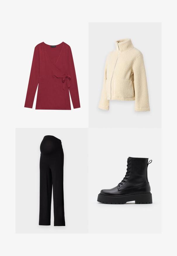 Krém színű plüss dzseki magas gallérral, elülső cipzárral és két folt zsebbel. Puha, textúrált felülettel és széles ujjakkal rendelkezik.; Hosszú ujjú, keresztbe kötött felső mélyvörös színben. V-kivágással és oldalsó megkötő részlettel rendelkezik. Puha textúrájú és testhezálló szabású.; Fekete kismama nadrág, rugalmas, testhezálló derékrésszel és széles lábazattal. Puha anyagból készült, kényelmet és támogatást nyújt.; Fekete bőr bokacsizma, kerek orral, fűzős elülső résszel és vastag, texturált gumitalppal. Húzófül hátul.