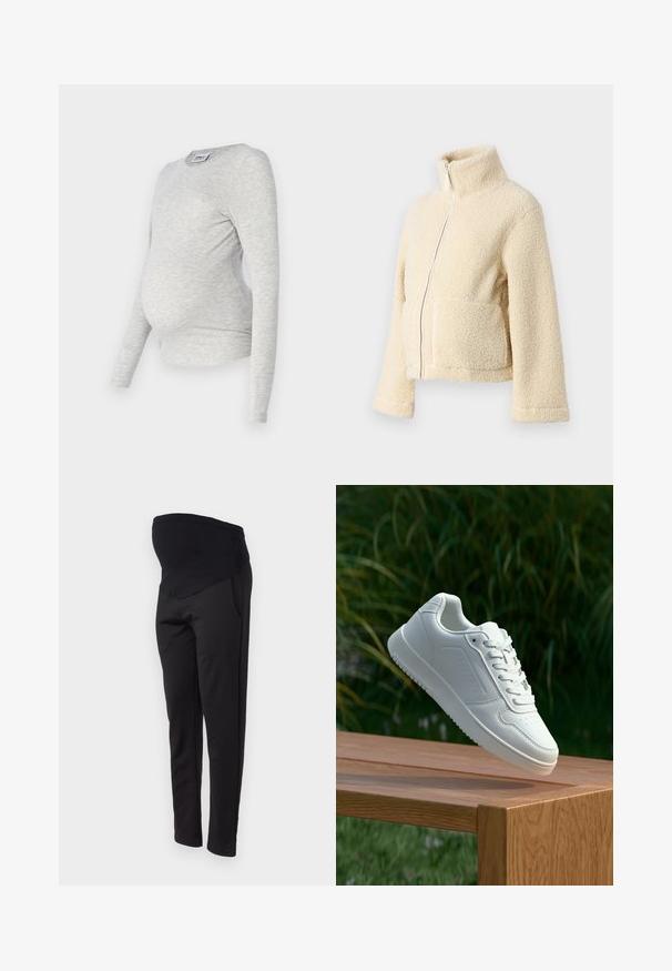 Kremowa polarowa kurtka z wysokim kołnierzem, zamek błyskawiczny z przodu i dwiema kieszeniami naszytymi. Posiada miękką, teksturowaną powierzchnię i szerokie rękawy.; Szara, długorękawowa bluzka ciążowa z okrągłym dekoltem, wykonana z miękkiej, elastycznej tkaniny, z marszczeniami po bokach, co zapewnia dopasowany krój.; ONLY MATERNITY OLMGISELEA czarny; Biały sneaker z gładką syntetyczną cholewą, perforowanym noskiem, płaskimi sznurowadłami i teksturowaną podeszwą, wyeksponowany na drewnianej powierzchni.