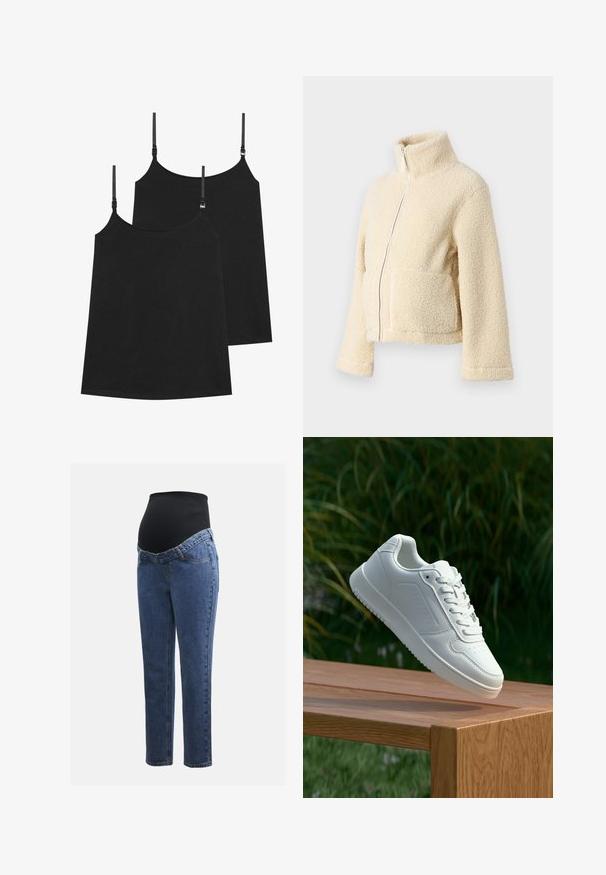 Kremowa polarowa kurtka z wysokim kołnierzem, zamek błyskawiczny z przodu i dwiema kieszeniami naszytymi. Posiada miękką, teksturowaną powierzchnię i szerokie rękawy.; Czarne topy na ramiączkach z regulowanymi strapsami, wykonane z gładkiego materiału, o prostym designie i prostym wykończeniu, sprzedawane w zestawie dwóch sztuk.; Spodnie ciążowe z niebieskimi nogawkami z denimu i czarną elastyczną tablicą brzuszną, zaprojektowane w celu wsparcia i pokrycia rosnącego brzucha.; Biały sneaker z gładką syntetyczną cholewą, perforowanym noskiem, płaskimi sznurowadłami i teksturowaną podeszwą, wyeksponowany na drewnianej powierzchni.