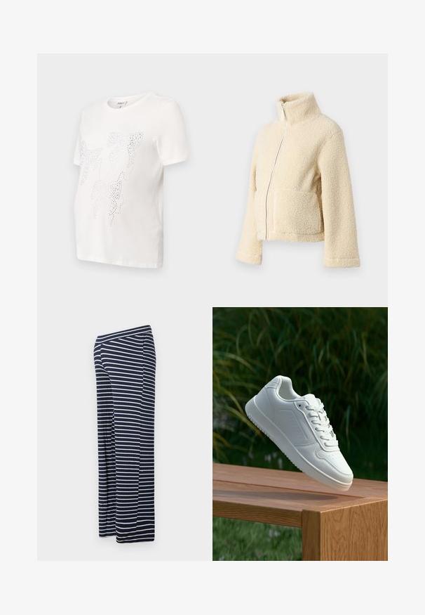 Krémová flísová bunda s vysokým golierom, predným zipsom a dvoma náprsními vreckami. Má mäkký, štruktúrovaný povrch a široké rukávy.; Biela bavlnená tričko s krátkymi rukávmi, so vzorom listov obrysných v malých kovových hrotoch. Okrúhly výstrih, voľný strih.; Námorníckom modré a biele pruhované široké nohavice s ribbom textúrou, vybavené elastickým pásom a voľným strihom.; Biele tenisky s hladkým syntetickým zvrškom, perforovanou špičkou, plochými šnúrkami a textúrovanou podrážkou, vystavené na drevenej ploche.