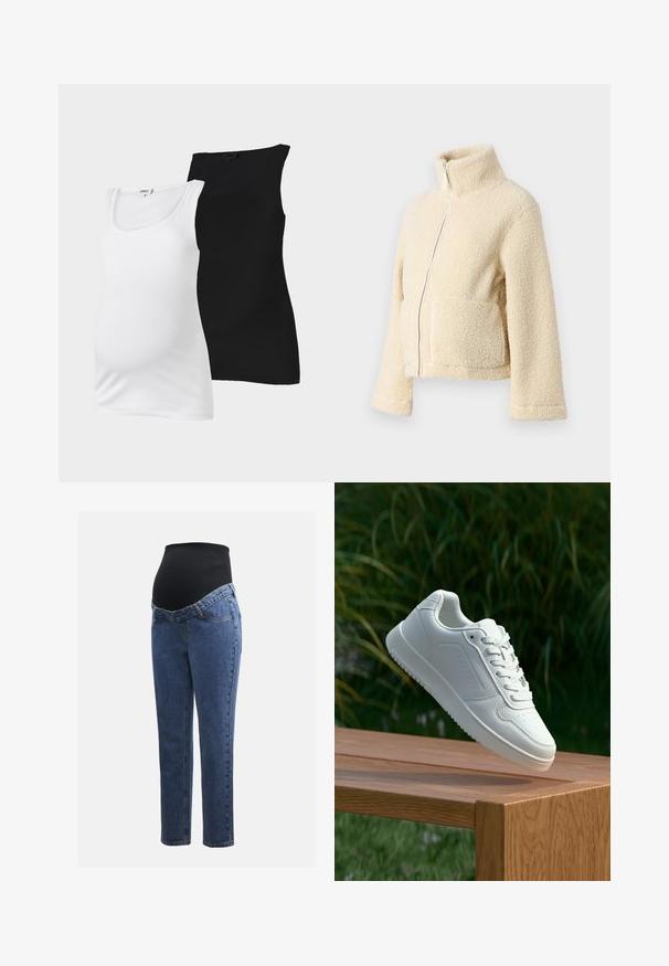 Chaqueta de forro polar crema con cuello alto, cremallera frontal y dos bolsillos de parche. Presenta una superficie suave y texturizada y mangas anchas.; Topes de maternidad sin mangas a rayas en blanco y negro con escote redondo, exhibidos sobre un fondo liso.; Jeans de maternidad con piernas de denim azul y un panel abdominal elástico negro diseñado para soportar y cubrir una barriga en crecimiento.; Zapatilla blanca con un upper sintético suave, caja de dedos perforada, cordones planos y una suela texturizada, exhibida sobre una superficie de madera.