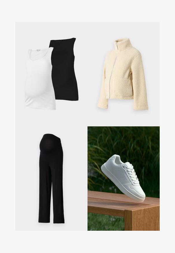 Kreemimust kampsun kõrge krae, ees tõmblukuga ja kahe kott-taskuga. Omab pehmet, tekstuuri pinnat ja laiu varrukaid.; Valged ja mustad soonilised rasedustopsid ilma õlgadeta, millel on ümmargune kaelus, on esitatud ühetaolise tausta peal.; Mustad mustus rasedate püksid, millel on veniv ja sobiv vöökoht ning laiad sääred. Valmistatud pehmest kangast, mis pakub mugavust ja tuge.; Valged sneakerd, millel on sile sünteetiline ülemine osa, väikeste aukudega varvaskast, lamedad paelad ja tekstuuriga tald, eksponeeritud puidust pinnal.