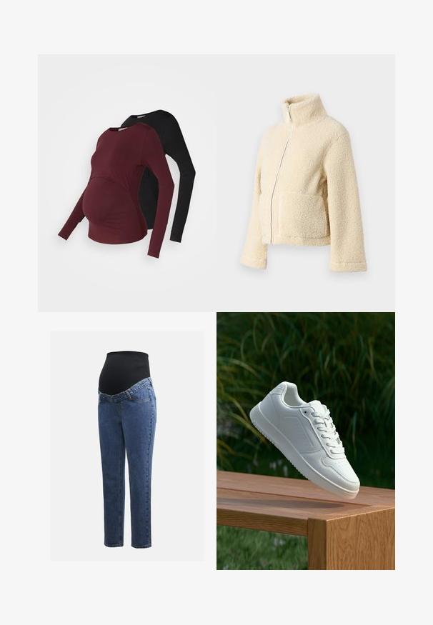 Cream fleece jacket with a high collar, front zipper, and two patch pockets. Features a soft, textured surface and wide sleeves.; Maternity long-sleeve tops in burgundy and black. Soft fabric with a curved front design for stretch. Round necklines and fitted sleeves.; Maternity jeans with blue denim legs and a black stretchy abdominal panel designed to support and cover a growing belly.; White sneaker with a smooth synthetic upper, perforated toe box, flat laces, and a textured sole, displayed on a wooden surface.