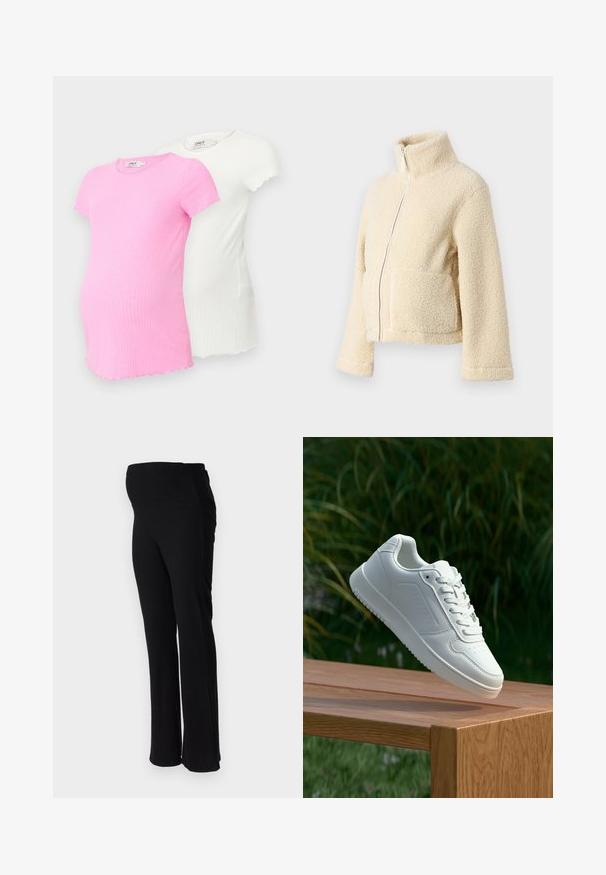 Kremfarget fleecejakke med høy krage, glidelås foran og to klaffelommer. Har en myk, teksturert overflate og vide ermer.; To gravide t-skjorter i rosa og hvitt, begge med ribbet stoff, korte ermer, med bølgekant og rund hals.; ONLY MATERNITY OLMHALLE - Bukse - black; Hvite sneakers med en glatt syntetisk overdel, perforert tåboks, flate snørebånd og en teksturert såle, vist på en treflate.
