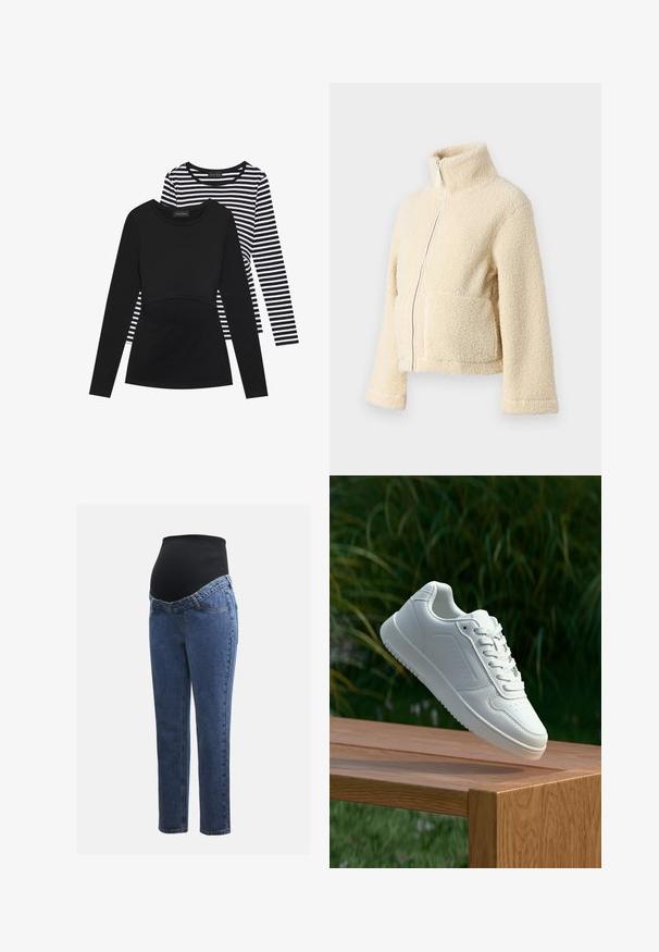 Giacca in pile color crema con colletto alto, zip frontale e due tasche applicate. Presenta una superficie morbida e testurizzata e maniche larghe.; Due magliette a maniche lunghe: una nera uniforme con un design aderente e l'altra con strisce orizzontali bianche e nere. Materiale in cotone morbido.; Jeans premaman con gambe in denim blu e un pannello addominale elastico nero progettato per sostenere e coprire una pancia in crescita.; Sneaker bianco con tomaia in sintetico liscio, punta perforata, lacci piatti e suola testurizzata, esposto su una superficie di legno.