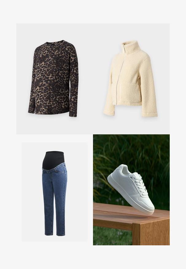 Kreemimust kampsun kõrge krae, ees tõmblukuga ja kahe kott-taskuga. Omab pehmet, tekstuuri pinnat ja laiu varrukaid.; Pikendatud varrukatega top, millel on leopardimuster, ümar kaelus ja pehme kangas. Peamised värvid on must ja pruun koos heledate beežide aktsentidega.; Rasedusjeansid sinise denimi jalgadega ja musta veniva kõhuplaadiga, mis on mõeldud toetama ja katma kasvavat kõhtu.; Valged sneakerd, millel on sile sünteetiline ülemine osa, väikeste aukudega varvaskast, lamedad paelad ja tekstuuriga tald, eksponeeritud puidust pinnal.
