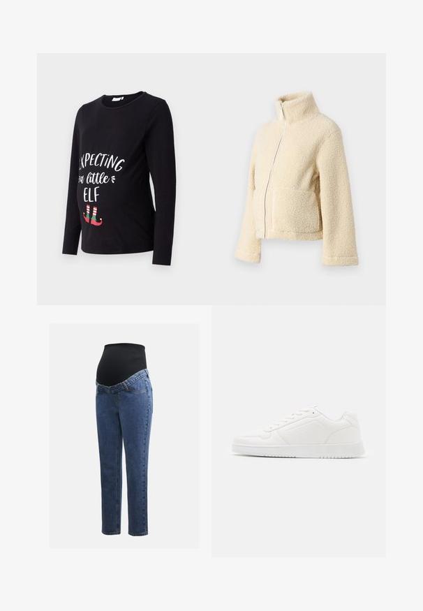 Cream fleece jacket with a high collar, front zipper, and two patch pockets. Features a soft, textured surface and wide sleeves.; Black long-sleeve maternity shirt featuring white text "Expecting a Little Elf" with green and red elf shoes at the bottom. Soft cotton material.; Maternity jeans with blue denim legs and a black stretchy abdominal panel designed to support and cover a growing belly.; White sneaker made of smooth synthetic material, featuring a rounded toe, lace-up design, flat sole, and subtle perforated detailing.