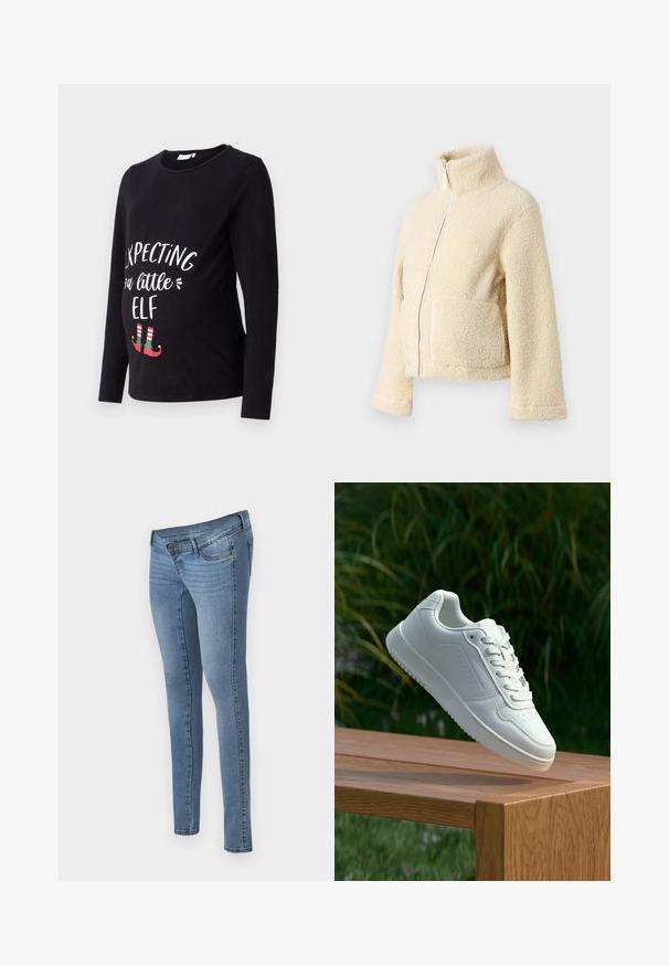 Kreemi fleesjakke, millel on kõrge krae, esipesu ja kaks lapitaskut. Omab pehmet, tekstuurset pinda ja laiu varrukasid.; Musta pitkähihainen äitiystee paita, jossa valkoisella tekstillä "Odotamme pientä tonttua" ja vihreät sekä punaiset tonttujalkineet alareunassa. Pehmeää puuvillakangasta.; MAMALICIOUS MLAUKIE - Skinny-Farkut - medium blue denim; Valkoiset tennarit, joissa on sileä synteettinen päällinen, rei'itetty varvasosa, litteät nauhat ja teksturoitu pohja, esillä puupinnalla.