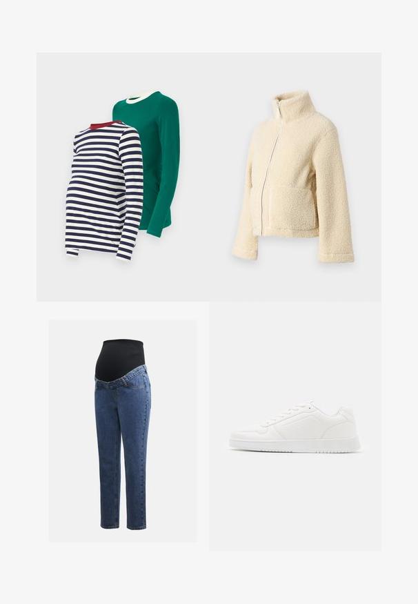 Kremfarget fleecejakke med høy krage, glidelås foran og to klaffelommer. Har en myk, teksturert overflate og vide ermer.; To lange ermede skjorter: en i ensfarget grønn og en med marineblå og hvite striper med rød halslinning. Begge laget av myk tekstil.; Graviditetsjeans med ben i blå denim og et svart elastisk magepanel designet for å støtte og dekke en voksende buk.; Hvit sneaker laget av glatt syntetisk materiale, med avrundet tå, snøredesign, flat såle og subtil perforering.