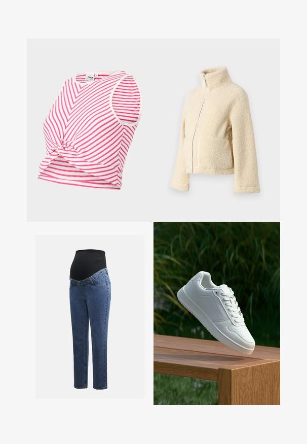 Giacca in pile color crema con colletto alto, zip frontale e due tasche applicate. Presenta una superficie morbida e testurizzata e maniche larghe.; Top corto a righe in rosa e bianco. Presenta un collo rotondo, design senza maniche e un dettaglio con nodo frontale all'orlo.; Jeans premaman con gambe in denim blu e un pannello addominale elastico nero progettato per sostenere e coprire una pancia in crescita.; Sneaker bianco con tomaia in sintetico liscio, punta perforata, lacci piatti e suola testurizzata, esposto su una superficie di legno.