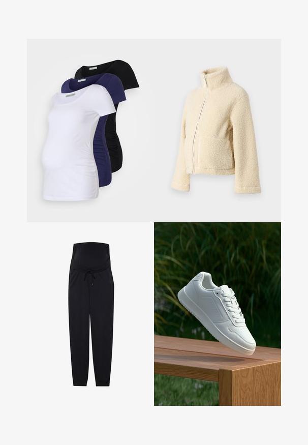 Krema flis jakna z visokim ovratnikom, sprednjim zadrgo in dvema večjima žepoma. Ima mehak, teksturiran površin in široke rokave.; Majice za nosečnice v treh barvah: bela, mornarsko modra in črna. Mehka bombažna tkanina, kratki rokavi in elastične stranice za udobje in prileganje.; Črne materinske športne hlače, narejene iz mehkega materiala, z elastičnim pasom, zapiranjem na vrvico in zoženimi manšetami pri gležnjih.; Bela teniska s gladkim sintetičnim zgornjim delom, perforiranim prednjim delom, ravnimi vezalkami in teksturiranim podplatom, prikazana na leseni površini.