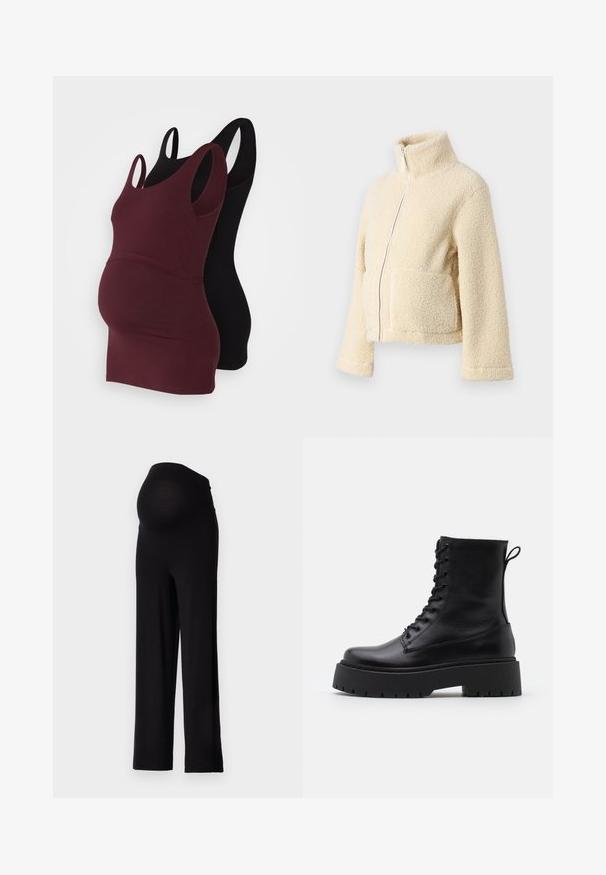 Kreemi fleesjakke, millel on kõrge krae, esipesu ja kaks lapitaskut. Omab pehmet, tekstuurset pinda ja laiu varrukasid.; Kaksi äitiys-tanktoppi: yksi burgundinvärinen ja yksi musta. Molemmissa on leveät olkaimet, muotoon istuva malli ja pehmeä puuvillamateriaali.; Mustat äidin housut, joissa on joustava, istuva vyötärö ja leveälahkeinen muotoilu. Valmistettu pehmeästä kankaasta, joka tarjoaa mukavuutta ja tukea.; Musta nahkainen nilkkureita, joissa on pyöreä kärki, nauhakiinnitys edessä ja paksu kumipohja, jossa on teksturoitu pinta. Takana vetotappi.