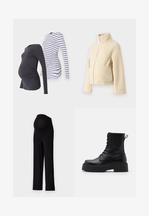 Kremfarget fleecejakke med høy krage, glidelås foran og to klaffelommer. Har en myk, teksturert overflate og vide ermer.; To langermede graviditetstopper: en ensfarget mørk grå med ruching på sidene, og en annen hvit med marineblå horisontale striper. Behagelig og elastisk stoff.; Svarte graviditetsbukser med en elastisk, tettsittende midje og bred bendesign. Laget av mykt stoff som tilbyr komfort og støtte.; Sorte skinn ankelstøvler med rund tå, snøring foran og tykk gummisåle med teksturert mønster. Håndtak bak.