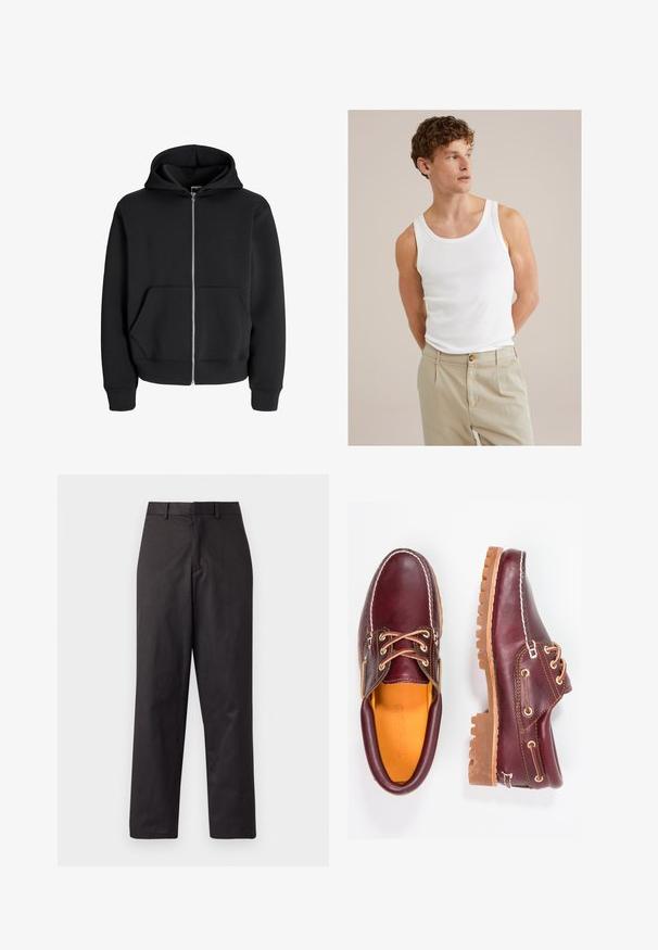 Sort zip-up hoodie lavet af en bomuldsblanding, med snoretræk i hætten, frontlommer og ribbede manchetter. Glat tekstur med sølvfarvet lynlås.; Hvid bomulds tanktop med rund halsudskæring og brede stropper, kombineret med lysebeige bukser med knap og pressefolder.; Sorte bukser lavet af en blanding af bomuldsstof, med lige ben-udformning, frontlommer og et standard taljebånd med bæltestropper.; Bordeaux lædersko med brune gummisåler, rund tå, hvid syning og gyldne snøringer. Indersiden har et gult for.