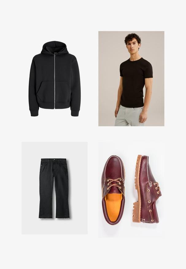 Juodas užtrauktuku užsegamas džemperis, pagamintas iš medvilnės ir poliesterio mišinio, su reguliuojamu kapišonu, priekinėmis kišenėmis ir elastingomis rankogaliais. Lygus paviršius su sidabriniu užtrauktuku.; Juoda trumpos rankovėmis marškinėliai su apvaliu iškirpimu, pagaminti iš lygaus, tamprios medžiagos. Siluetas siauras, sukurtas taip, kad priglustų prie kūno.; Juodas denimas džinsai su tiesia kelnėmis, turintys nubraižytas kraštus, penkis kišenių ir metalinius detalių akcentus. Klasikinis dizainas ir tvirta tekstūra.; Burgundi odiniai bateliai su rudais guminiais padais, apvaliu pirštu, balta siūle ir auksiniais inkarais. Interjere yra geltonas pamušalas.