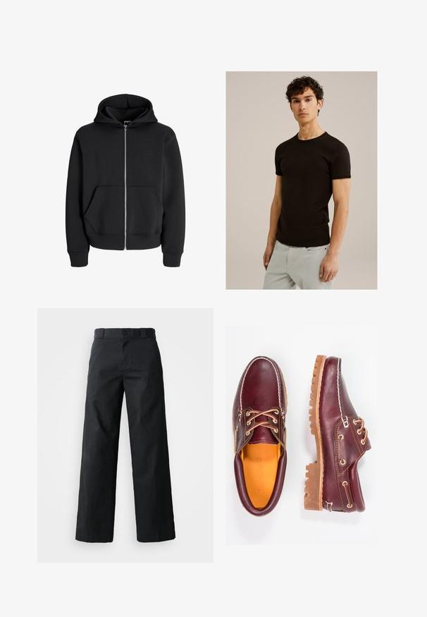 Musta lukuga kapuutsiga sviiter, valmistatud puuvilla segust, omab nööriga kapuutsi, esipockets ja soonikkraega varrukaid. Sile tekstuur ja hõbedane tõmblukk.; Must have lühikeste varrukatega must t-särk ümmarguse kaelusega, valmistatud sujuvast ja venivast kangast. Sobivus on kitsas, mõeldud keha lähedale istuma.; Mustad laiad mustad puuvillased püksid. Omavad nööp sulgemist, vööaasasid ja küljetaskuid. Sile tekstuur ja kohandatud lõige.; Burgundia nahkkingad pruunide kummitaldadega, ümmarguse varbaga, valge tikandi ja kuldsete silmadega. Siseosa on kollase voodriga.