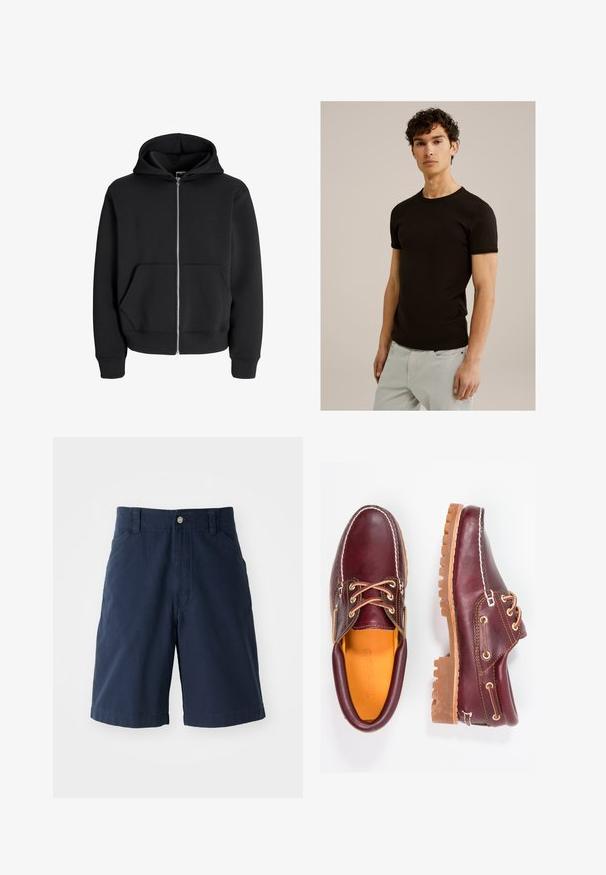 Felpa nera con zip in misto cotone, dotata di cappuccio con lacci, tasche frontali e polsini a coste. Texture liscia con zip argentata.; T-shirt nero a maniche corte con scollatura rotonda, realizzato in un tessuto morbido ed elastico. La vestibilità è slim, progettata per aderire al corpo.; Shorts di cotone blu navy con fronte piatto, due tasche laterali e chiusura con un bottone in vita. Design classico a gamba dritta.; Scarpe in pelle bordeaux con suole in gomma marrone, punta rotonda, cuciture bianche e occhielli dorati. L'interno presenta un rivestimento giallo.