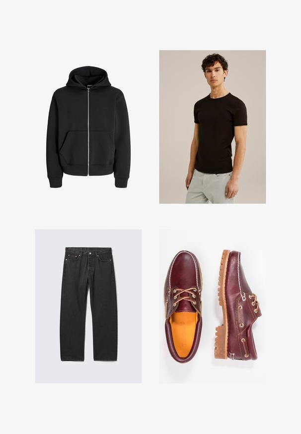 Musta lukuga kapuutsiga sviiter, valmistatud puuvilla segust, omab nööriga kapuutsi, esipockets ja soonikkraega varrukaid. Sile tekstuur ja hõbedane tõmblukk.; Must have lühikeste varrukatega must t-särk ümmarguse kaelusega, valmistatud sujuvast ja venivast kangast. Sobivus on kitsas, mõeldud keha lähedale istuma.; Mustmustestressed teksasteega otstaga, viis taskut ja metallist tarvikud. Tekstureeritud kangas klassikalise viimistlusega.; Burgundia nahkkingad pruunide kummitaldadega, ümmarguse varbaga, valge tikandi ja kuldsete silmadega. Siseosa on kollase voodriga.