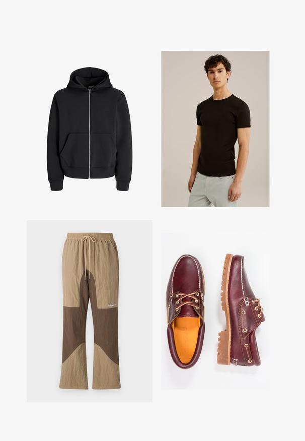 Crna zip-up majica s kapuljačom od mješavine pamuka, s vezicom na kapuljači, prednjim džepovima i rebrastim manžetama. Glatka tekstura s srebrnim patentnim zatvaračem.; Crna majica s kratkim rukavima s okruglim izrezom, izrađena od glatkog, rastezljivog materijala. Kroja je uskog fit-a, dizajnirana da se prilagođava tijelu.; Hlače u smeškim i smeškastim bojama s elastičnim pojasom, vezicom i logom. Izrađene od teksturirane tkanine s opuštenim krojem.; Burgundske kožne cipele s smešnim gumenim potplatima, okruglim vrhom, bijelim šavovima i zlatnim rupama za vezivanje. Unutrašnjost ima žutu podstavu.