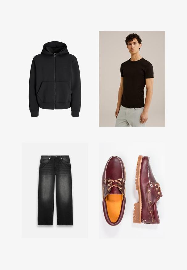 Musta lukuga kapuutsiga sviiter, valmistatud puuvilla segust, omab nööriga kapuutsi, esipockets ja soonikkraega varrukaid. Sile tekstuur ja hõbedane tõmblukk.; Must have lühikeste varrukatega must t-särk ümmarguse kaelusega, valmistatud sujuvast ja venivast kangast. Sobivus on kitsas, mõeldud keha lähedale istuma.; Mustadest denimist laiad püksid. Omavad viit taskut, kerget pleekimist ja tugevaid õmblusi. Nupuga ja lukugaClosure.; Burgundia nahkkingad pruunide kummitaldadega, ümmarguse varbaga, valge tikandi ja kuldsete silmadega. Siseosa on kollase voodriga.