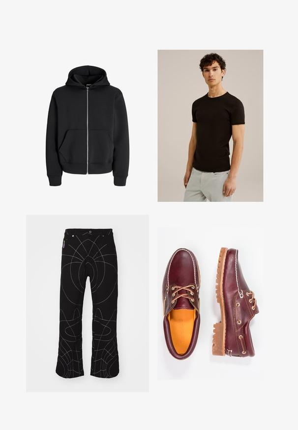 Černá mikina s kapucí na zip vyrobená z bavlněné směsi, se šňůrkou v kapuci, předními kapsami a žebrovanými manžetami. Hladký povrch se stříbrným zipem.; Černé tričko s krátkým rukávem a kulatým výstřihem, vyrobené z hladké, elastické tkaniny. Střih je přiléhavý, navržený tak, aby byl blízko těla.; Černé kalhoty s bílým abstraktním prošitím. Obsahují standardní kapsy, zapínání na knoflík a rovný střih nohavic. Texturovaná tkanina.; Burgundské kožené boty s hnědými gumovými podrážkami, kulatou špičkou, bílým prošíváním a zlatými očky. Interiér obsahuje žlutou podšívku.