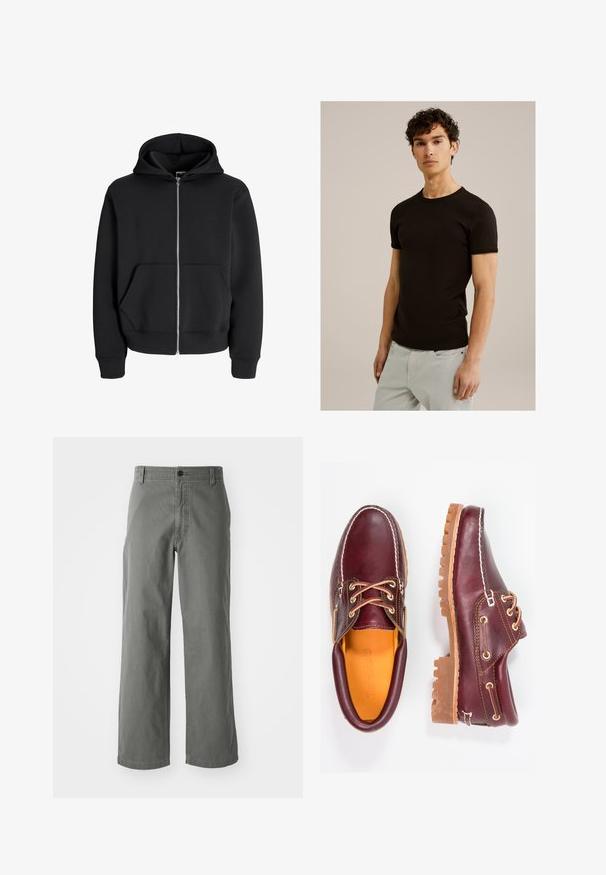 Czarna bluza z zamkiem błyskawicznym wykonana z mieszanki bawełnianej, z kapturem na sznurki, przednimi kieszeniami oraz ściągaczami przy mankietach. Gładka tekstura z metalowym zamkiem.; Czarny T-shirt z krótkim rękawem i okrągłym dekoltem, wykonany z gładkiego, elastycznego materiału. Fason jest dopasowany, zaprojektowany tak, aby przylegał do ciała.; Szare bawełniane spodnie o prostym kroju, z zapięciem na guzik i szlufkami na pasek, gładka tekstura, bez widocznych wzorów czy akcentów.; Bordowe skórzane buty z brązowymi gumowymi podeszwami, okrągły czubek, białe przeszycia i złote oczka. Wnętrze posiada żółtą podszewkę.
