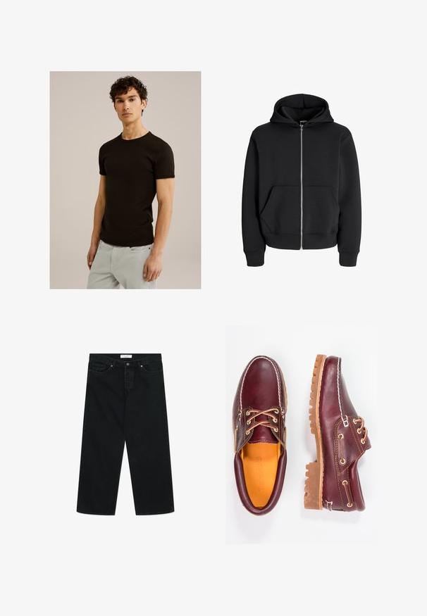 Sort zip-up hoodie lavet af en bomuldsblanding, med snoretræk i hætten, frontlommer og ribbede manchetter. Glat tekstur med sølvfarvet lynlås.; Sort kortærmet t-shirt med rund udskæring, lavet af et glat, strækbart stof. Pasformen er slim og designet til at sidde tæt til kroppen.; Sorte brede jeans i denimstof, der har en frontal knaplukning, bæltesløjfer og lommer. Glat tekstur, minimalistisk design.; Bordeaux lædersko med brune gummisåler, rund tå, hvid syning og gyldne snøringer. Indersiden har et gult for.