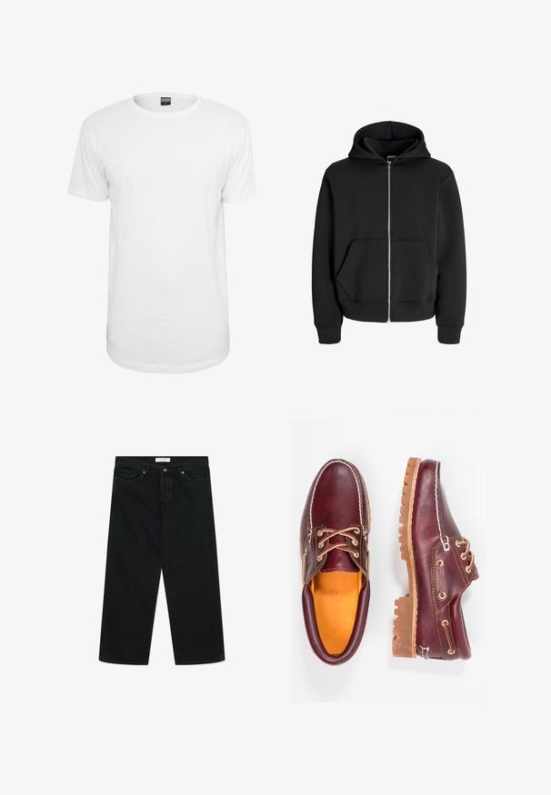 Musta lukuga kapuutsiga sviiter, valmistatud puuvilla segust, omab nööriga kapuutsi, esipockets ja soonikkraega varrukaid. Sile tekstuur ja hõbedane tõmblukk.; Valge lühikeste varrukatega t-särk, mis on valmistatud puuvillast, klassikalise ümmarguse kaelusega, lõdva lõikega ja ilma nähtavate mustrite või logodeta.; Mustad laiad mustad teksased denimkangast, millel on ees nupp sulgemiseks, vööklipid ja taskud. Sile tekstuur, minimalistlik disain.; Burgundia nahkkingad pruunide kummitaldadega, ümmarguse varbaga, valge tikandi ja kuldsete silmadega. Siseosa on kollase voodriga.