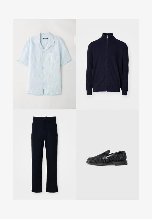 Tumesinine tõmblukuga sviiter kõrge kaelusega, tekstuurse soonikuga kangas, pikad varrukad ja metallist tõmblukk.; Hele sinine lühikeste varrukatega nööbitav särk, mis on valmistatud linast, sisaldab rinna piirkonnas taskut, on varustatud nurksuusega ning omab vabalt langevat lõiget ja sirget alusääret.; Tumed sinelased püksid puuvillast, sirge lõikega, eesnupu sulgemisega ning klassikalise vöökohaga, kus on vööaasad.; Must musta kootud slip-on king, millel on pehme nahast accent ülaserval, ümmargune varvas ja madal profiiliga kummitald.