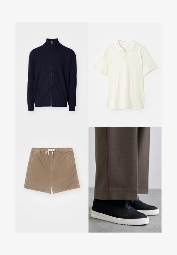 Navy zip-up sweater with a high collar, textured ribbed fabric, long sleeves, and a metal zipper closure.; Cream-colored polo shirt with a classic collar, short sleeves, and a slight v-split at the neckline. Smooth texture and minimal design.; Brown cotton shorts with an elastic waistband and white drawstring, featuring two side pockets and a straight cut design.; Black suede sneakers with white rubber soles, featuring a rounded toe and laces, worn with gray tailored pants.