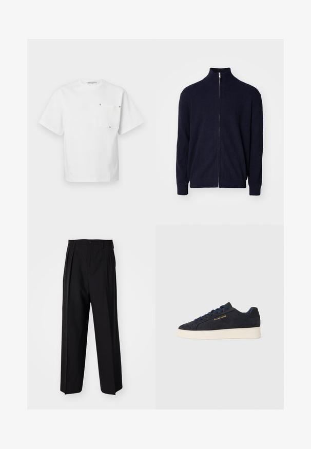 Tengerészkék, cipzáras pulóver magas gallérral, bordás textúrájú anyagból, hosszú ujjakkal és fém cipzárral.; Fehér, rövid ujjú, kerek nyakú póló, bal oldalon egy négyzet alakú zsebbel, amelyet négy fém szegecs rögzít.; Fekete, pliszírozott nadrág, egyenes, széles lábakkal. Sima anyagból készült, gombos záródással és övhurkokkal rendelkezik.; Sötétkék velúr, alacsony szárú teniszcipő fehér talppal, sötétkék fűzőkkel és arany színű "Filling Pieces" logóval az oldalán.