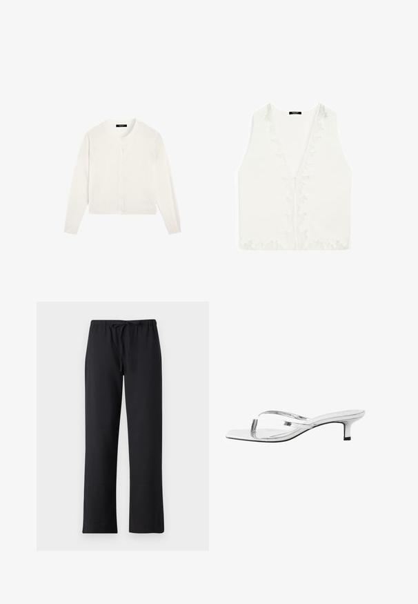 Cardigan bianco a maniche lunghe con scollatura tonda e otto bottoni sul davanti, realizzato in un tessuto morbido e leggero.; Blusa bianca senza maniche con scollatura a V profonda, caratterizzata da delicate rifiniture in pizzo lungo i bordi e una texture di tessuto liscia e leggera.; Pantaloni neri in tessuto morbido, con vita regolabile tramite cordino e gamba dritta. Nessun motivo o hardware visibile.; Next SIGNATURE TOE POST REGULAR FIT - Infradito - silver