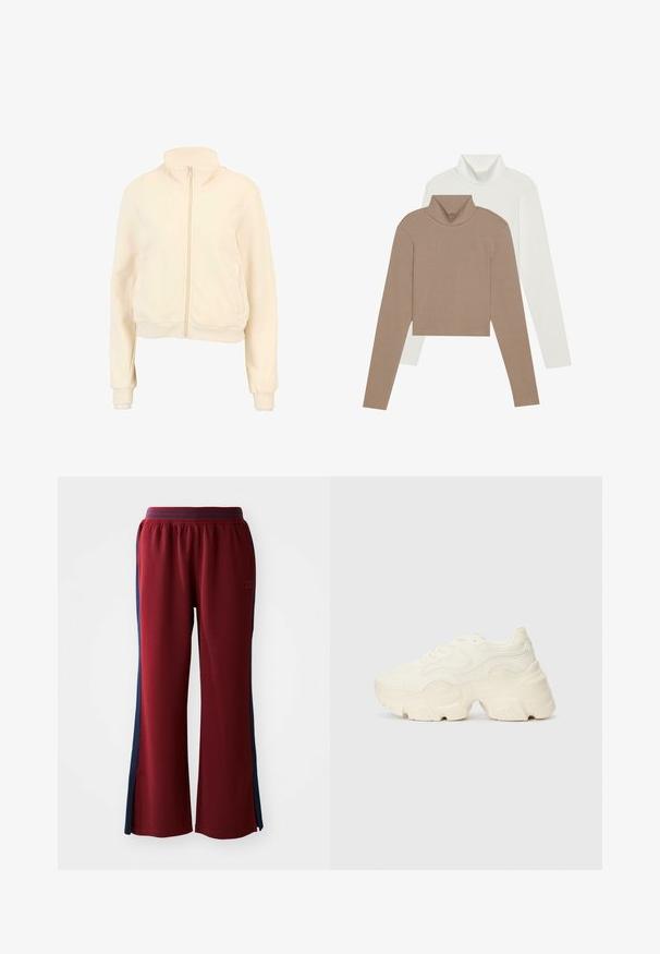 Kroptas zīmola apģērbs krēmīgā krāsā, izgatavots no mīksta auduma. Iespējas ar augstu apkakli, sānu kabatām un ribotām piedurknēm un apakšmalu. Minimālisma dizains.; Divi zīmuļi: viens mīkstā brūnā krāsā ar ribotu tekstūru, un viens gluds baltā krāsā. Abiem ir garas piedurknes un īsa forma.; Sarkani sporta bikses ar brīvu piegriezumu, ar tumši zilu sānu svītru un plata kāju dizainu. Elastīgs josta ērtībai.; Masīvi balti sportisti, kas izgatavoti no strukturēta sieta un sintētiskajiem materiāliem, ar biezu zoli un sarežģītām rakstu detaļām gar sāniem.