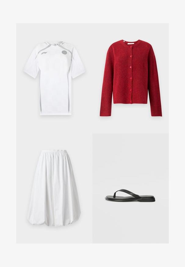 Selected Femme SLFLULU NEW NOOS - Neuletakki - equestrian red; Valkoinen lyhythihainen jalkapallopaita, jossa on teksturoitu kuvio, harmaat yksityiskohdat ja pyöreä kaula-aukko. Paidassa on logo rinnassa ja verkkokankaisia paneeleja.; Valkoinen, polvipituinen hame, jossa on joustava vyötärö ja ilmapallon muoto. Valmistettu kevyestä kankaasta, jossa on sileä tekstuuri.; Mustat varvastossut, joissa on sileä nahkapinta, ohut hihna ja litteä pohja, jossa on minimalistinen muotoilu. Ei huomattavia kuvioita tai koristeita.