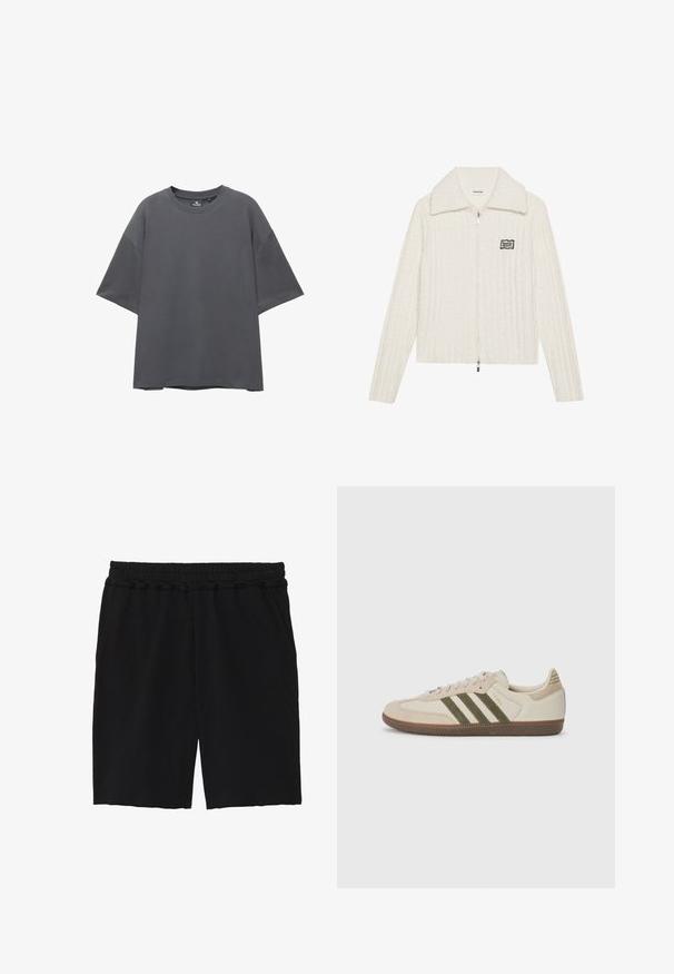 Bílá bundě na zip s ribovanou strukturou, velkým límcem a černými detaily. Obsahuje centrální přední zip a dlouhé rukávy.; Šedé oversized tričko, krátké rukávy, kulatý výstřih, směs bavlny, hladká textilie, minimalistický design bez vzorů nebo akcentů.; Černé bavlněné šortky s elastickým pasem, dvěma bočními kapsami, volným střihem a nezpracovanými okraji na lemu pro uvolněný vzhled.; adidas Originals SAMBA OG UNISEX - Tenisky - alumina/medium dark khaki/gum