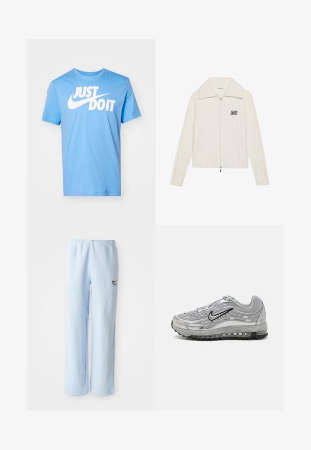 Casaco branco de fecho éclair com textura canelada, grande colarinho e detalhes em patch preto. Possui um fecho éclair central na frente e mangas longas.; T-shirt de algodão azul com decote redondo e mangas curtas, com uma grande impressão branca "JUST DO IT" e o logótipo da Nike em destaque.; Sweatpants azul claro com cintura elástica, apresentando um pequeno logótipo vermelho da Nike e o texto "Departamento de Atletismo". Material de algodão suave.; Sapatilhas Nike Air Max cinzas com um upper em malha e sintético, design em forma de onda, acentos em preto e uma unidade de amortecimento de ar visível.