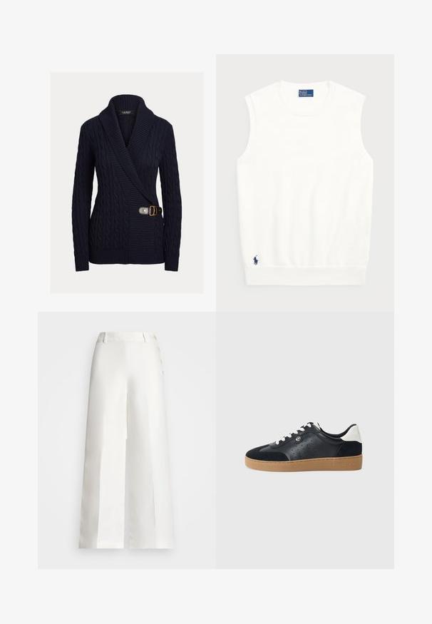 Pulôver de malha azul-marinho com gola xale, design envolvente e um detalhe de fivela castanha na cintura. Tecido texturizado e punhos canelados.; Sweater branco sem mangas, feito de algodão liso, com uma bainha canelada e um pequeno logotipo em navy na parte inferior esquerda. Design simples, sem padrões.; Lauren Ralph Lauren BASHRALLE CROPPED FLAT FRONT - Calças - white; Sapatilhas de couro preto e camurça com sola de borracha castanha-clara. Apresenta atacadores brancos e pequenos furos nas laterais. Logótipo da Michael Kors presente.