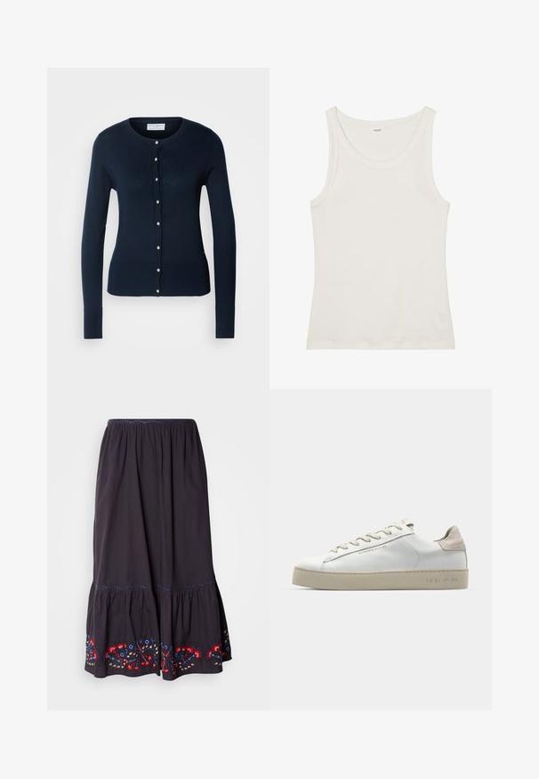 Marineblauer gestrickter Cardigan mit langen Ärmeln, gerippten Bündchen und einer Knopfleiste mit kleinen Goldknöpfen.; Weißes Baumwolltanktop mit weitem Ausschnitt und dünnen Schulterträgern. Glatte Textur ohne sichtbare Muster oder Verzierungen.; Dunkelgrauer Baumwollrock mit einem Stufendesign und gestickten Blumenakzenten in Rot, Blau und Gelb am Saum. Elastischer Taillenbund.; Weiße Leder-Sneaker mit glatter Oberfläche, beigen Wildleder-Akzenten, runder Zehenpartie, flachem Schnürdesign und einer strukturierten Gummisohle.