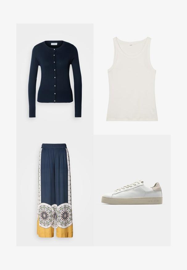 Marineblå strikket cardigan med lange ærmer, ribbede manchetter og knaplukning foran med små guldtonede knapper.; Hvid bomulds tanktop med en bred halsudskæring og tynde skulderstropper. Glat tekstur uden synlige mønstre eller udsmykninger.; Marineblå brede bukser med elastisk talje, der har geometriske mønstre i hvid, grøn og gul langs kanten og siderne.; Hvide lædersneakers med en glat overflade, beige ruskindsdetaljer, rund tå, flad snørebåndsdesign og en struktureret gummisål.